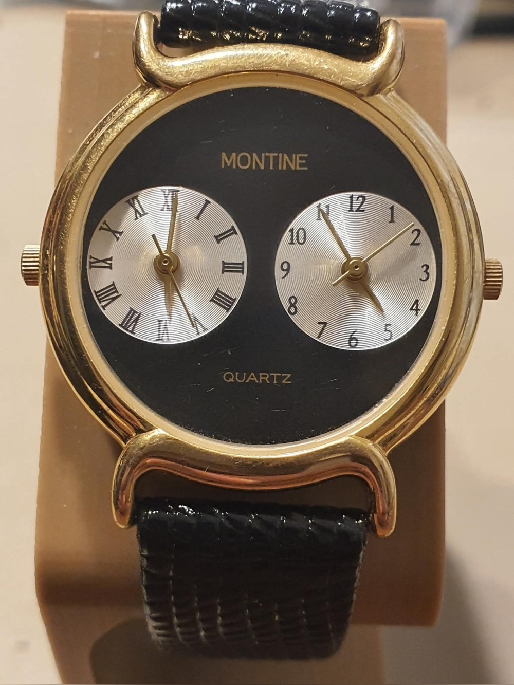 Vtg Montine Quartz Swiss Goldtone/Black Leather Dual Time Women's Watch